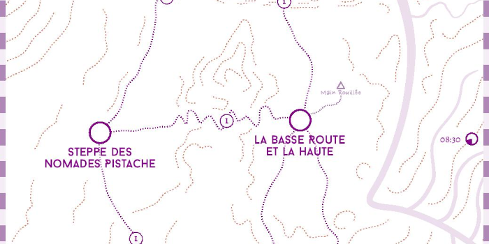 Carte de la Haute Route et de la Basse Route Une carte monochrome, centrée sur la haute route et la basse route. Il s’agit de la première étape après la Cité Violette.