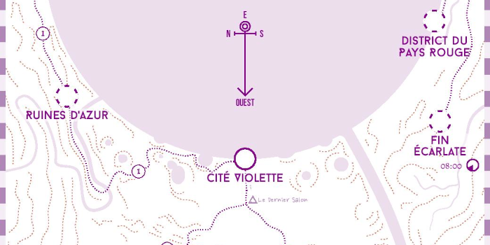 Carte de la haute route et de la basse route Une carte monochrome, centrée sur la Cité Violette. Il s’agit du point de départ du cadre Ultraviolet Grasslands.