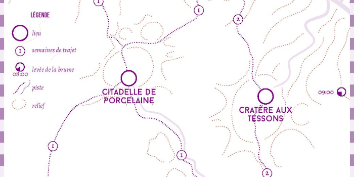 Carte de Citadelle de Porcelaine Une carte monochrome, centrée sur la Citadelle de Porcelaine. Il s’agit de la deuxième étape, juste après le croisement entre la haute route et la basse route.