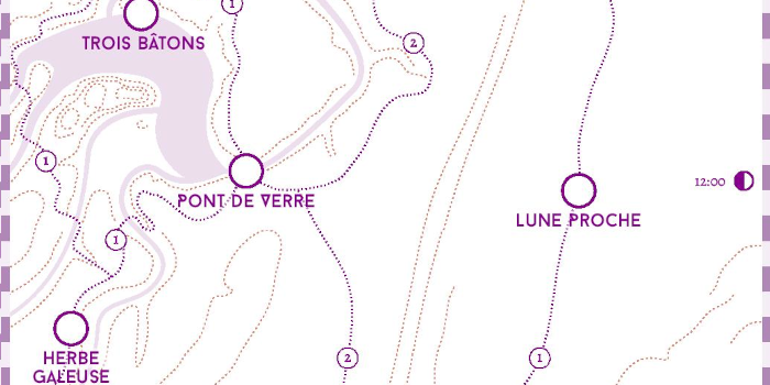 Carte de la lune Proche Une carte monochrome, centrée sur la Lune Proche. Il s’agit de la quatrième étape, juste après la piste des rêves Vomes (en passant par le cercle de cristal).