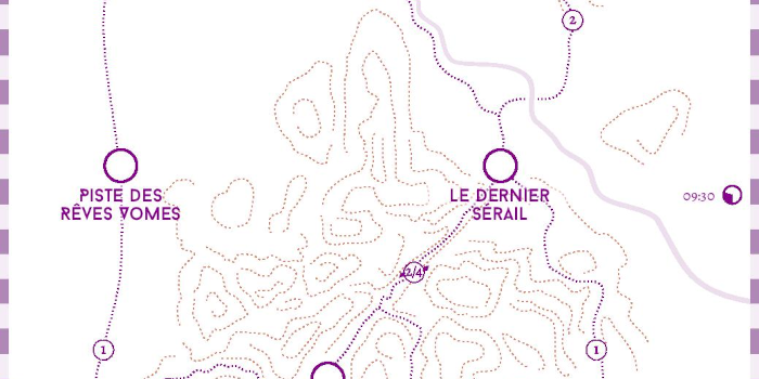 Carte de la piste des rêves Vomes Une carte monochrome, centrée sur la Piste des rêves vomes. Il s’agit de la troisième étape, juste après la Citadelle de Porcelaine.